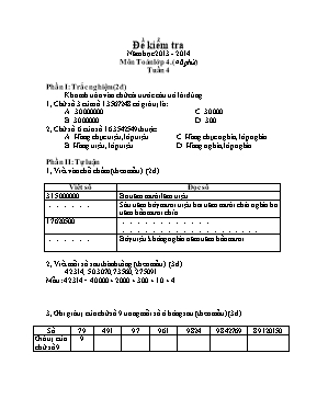 Đề kiểm tra môn Toán Lớp 4 - Tuần 4 - Năm học 2013-2014